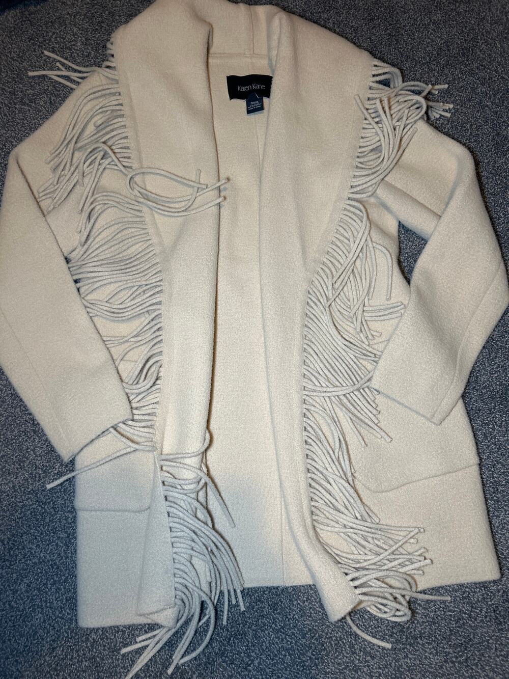 Karen Kane fringe belted longline jacket size xs cream color